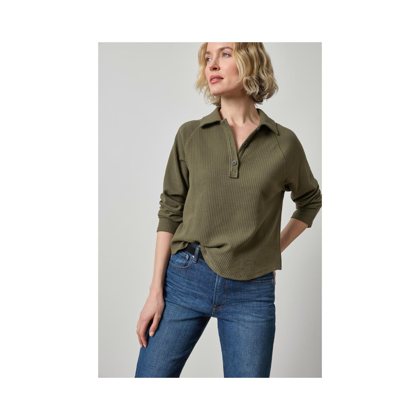 Elbow Sleeve Collared Split Neck