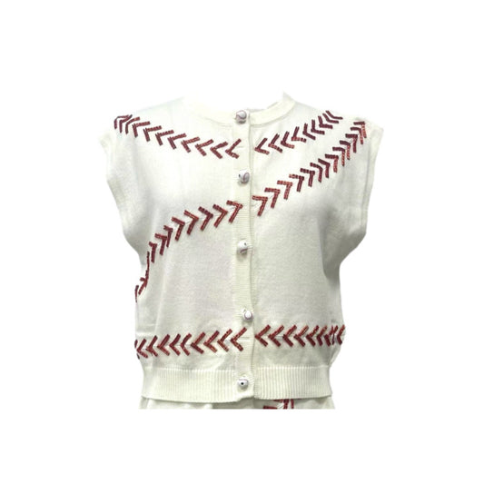 White & Red Beaded Baseball Stitch Button Up Vest