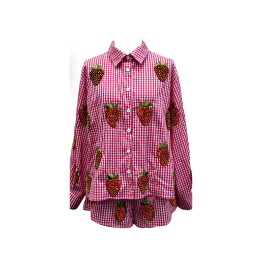 Gingham Beaded Strawberry Button Up